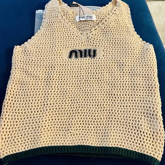 Miu Miu Tan Knit Top with Black Logo